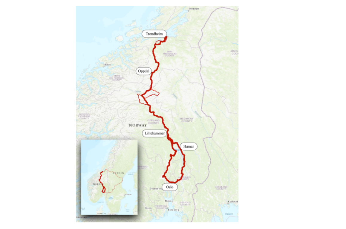 Kart hvor pilegrimsveien fra Oslo til Trondheim er markert med en rød strek.