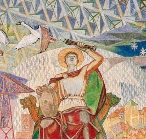 Saint Hallvard holding tree arrows above his head. Fresco painting by Alf Rolfsen